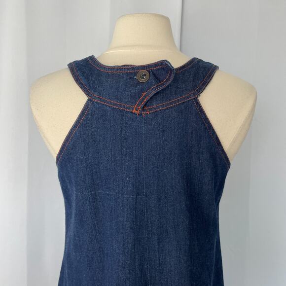 Vintage 70s Dress Size Small Blue Jean Denim Pinafore Trapeze Boho Hippie Retro - Picture 7 of 15